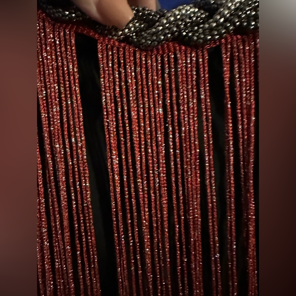 Ombré fringe mini dress with heavy beaded-braid neckline.